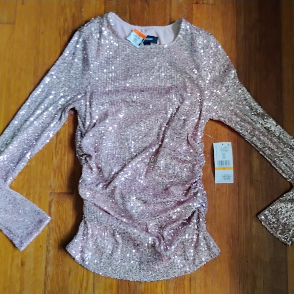 Ladies Karen Kane Side Shirred Pink Sequin Top - Size Small - NWT